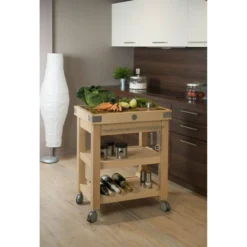 Desserte De Cuisine Mobile à Roulettes Double étagère Et Tiroir Avec Billot CHABRET En Bois Debout L70