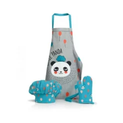 Ensemble Tablier Gant Toque Pour Enfant Panda Bleu