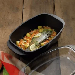 KERROS Cocotte à Braiser Rectangulaire Et Couvercle En Verre Induction KELA Noir 6.5 L