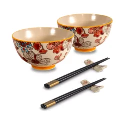 PECHINO LINE Set De 2 Bols Coupelle En Grès D11.5 300 Ml Avec Baguettes Décor Rouge WD Lifestyle -Peugeot Boutique pechino line set de 2 bols coupelle en gres d115 300 ml avec baguettes decor rouge wd lifestyle 2