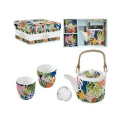 EASY LIFE TROPICAL VIBES Ensemble Théière Avec 2 Tasses Porcelaine
