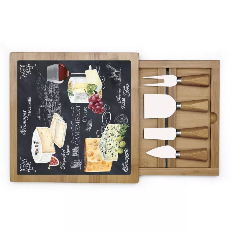 EASY LIFE WORLD OF CHEESE Plateau Fromage 25.5 X 25.5 Cm En Verre Et Bambou Avec Tiroir + 4 Couverts De Service 1 EASY LIFE WORLD OF CHEESE Plateau Fromage 25.5 X 25.5 Cm En Verre Et Bambou Avec Tiroir + 4 Couverts De Service